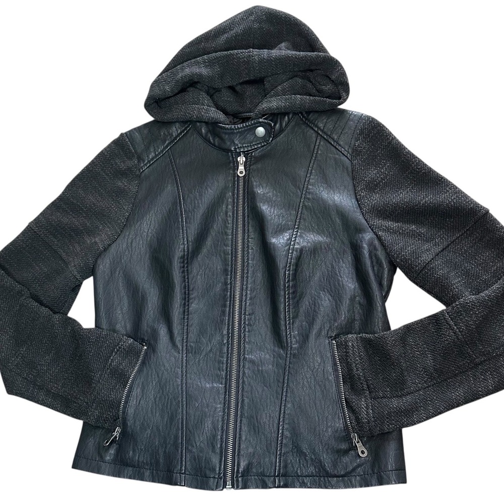 Moto 80's Jacket Womens M Black Excellent Faux Leather Knit Hooded Biker Zippers - Picture 3 of 8